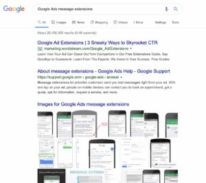 Screenshot taken in January 2020 of a Google search for Google Ads message extensions. 