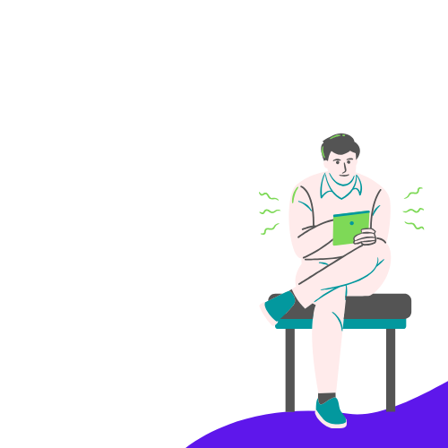 cartoon man performing google search on ipad or tablet while sitting on bench