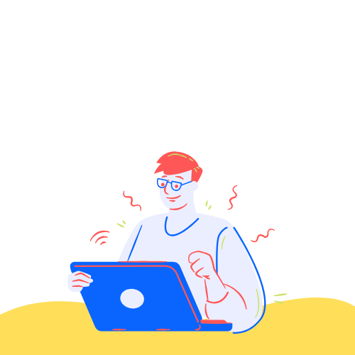 cartoon man performing google search on laptop